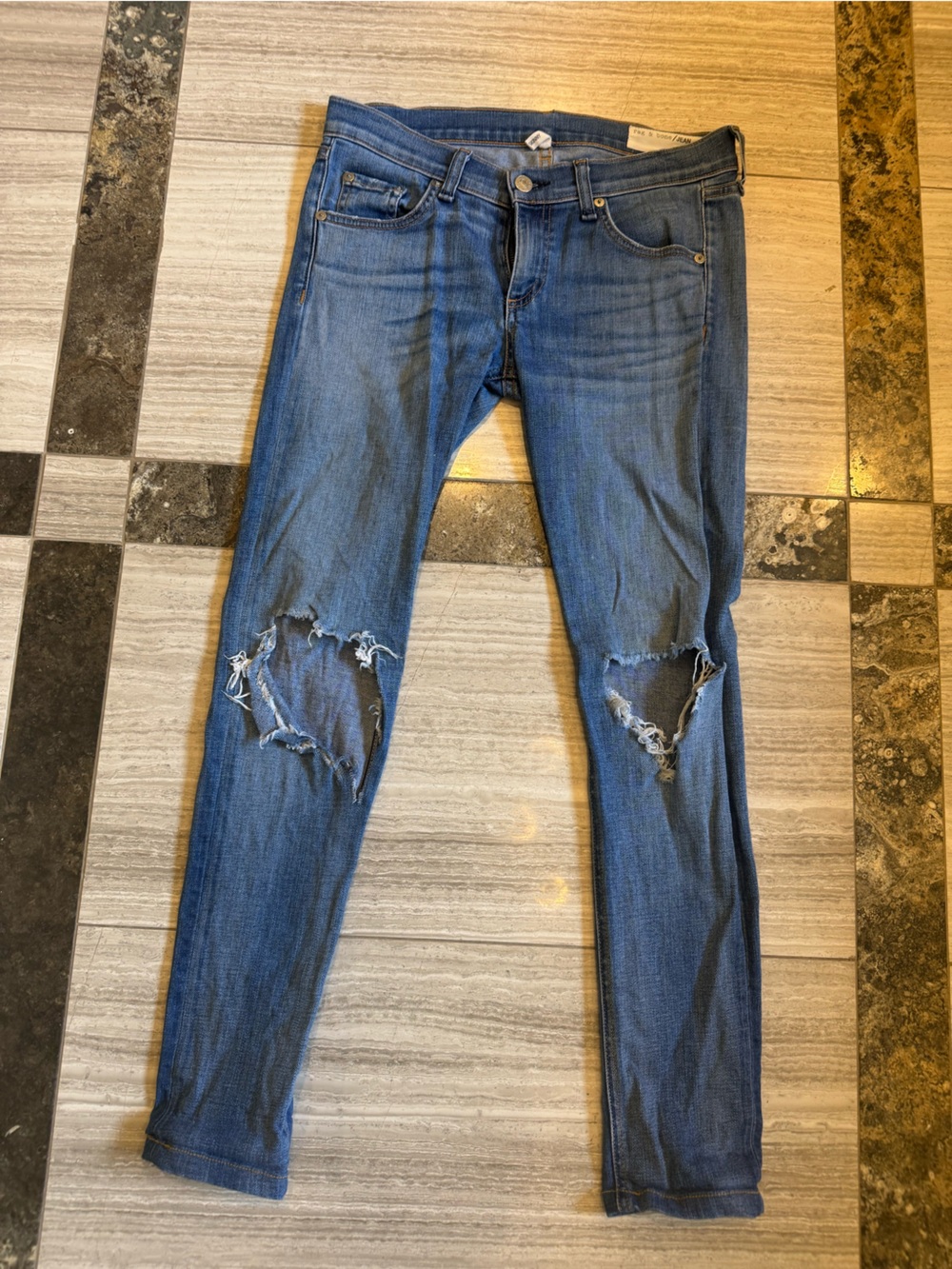 rag & bone Men’s Skinny Jeans in Washed Blue with Knee Rips
